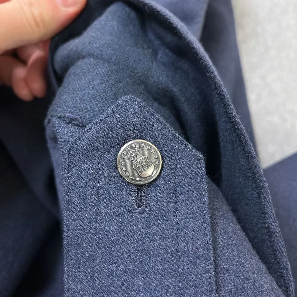 Vintage USAF Military Chester Trench Coat Sz 37R Blue Double Breasted Long Wool